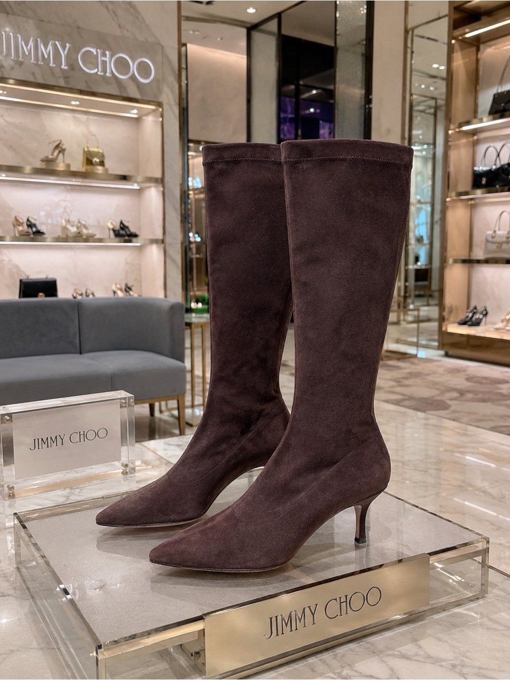 Jimmy Choo Dark Brown Suede Knee-High Pointed-Toe Boots